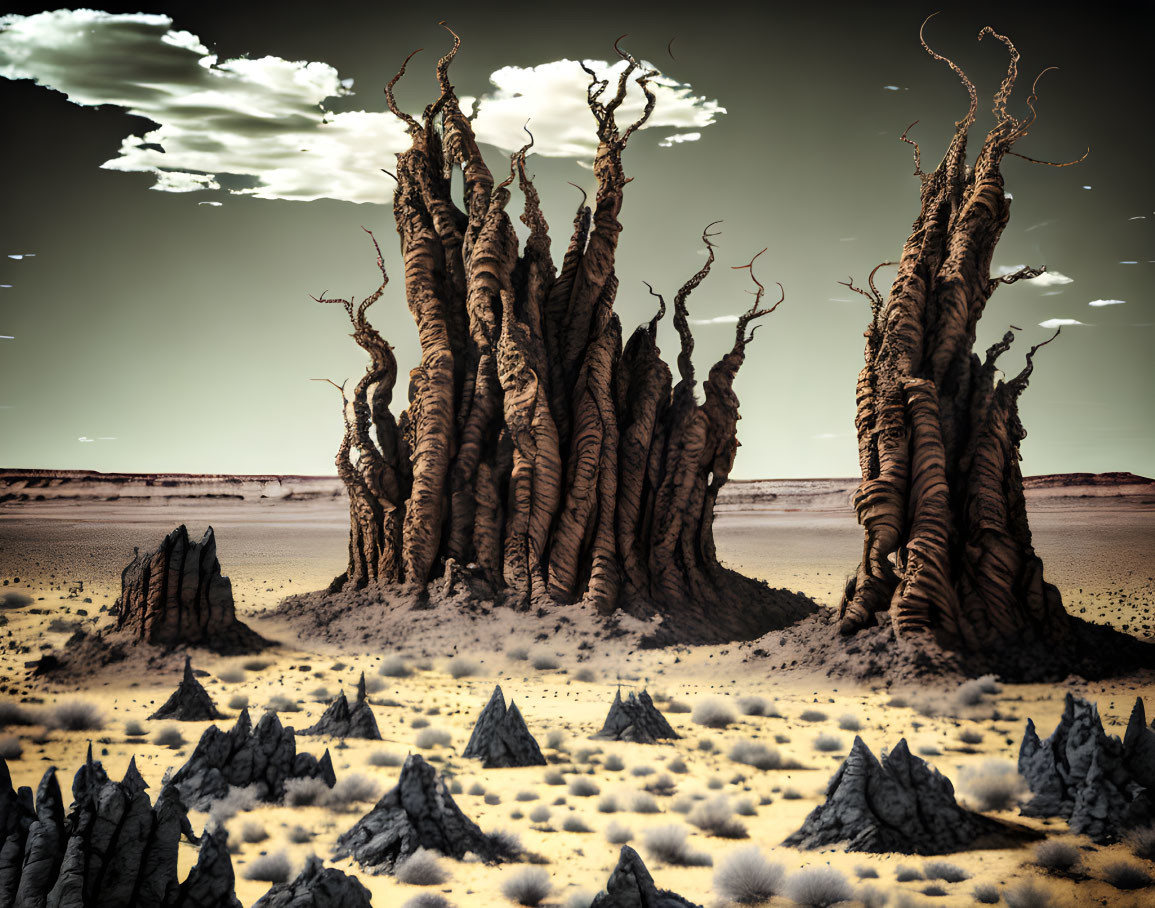 Surreal desert landscape with towering tree-like structures under dramatic sky