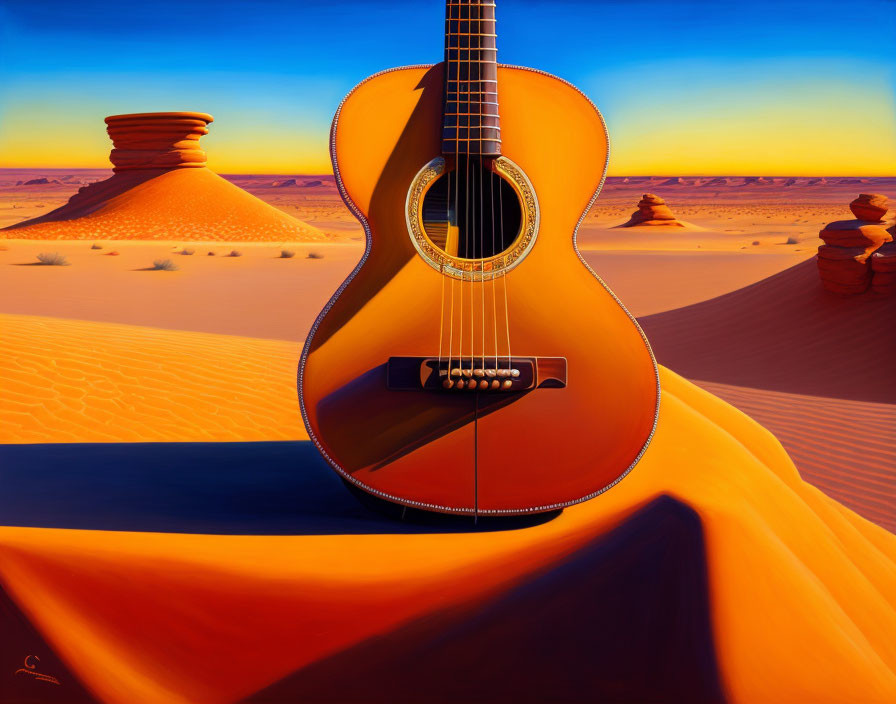 Acoustic guitar on desert dune at sunset