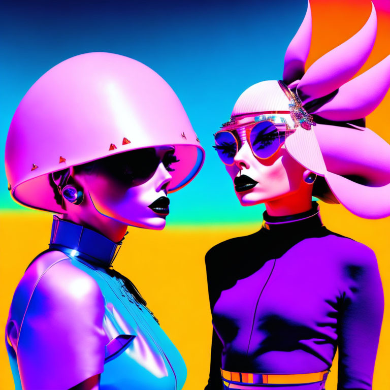 Stylized female figures in futuristic helmets on vibrant background