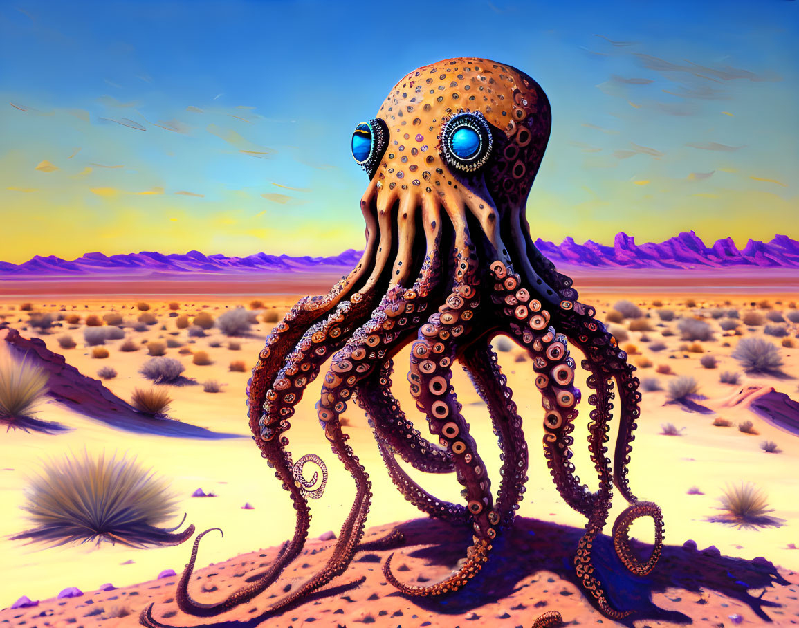 Octopus Digital Art: Blue-Eyed Creature in Desert Landscape