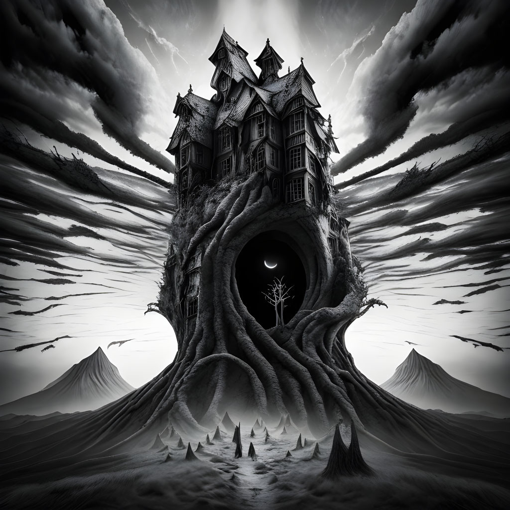 Monochrome fantasy illustration of intricate house on tree stump