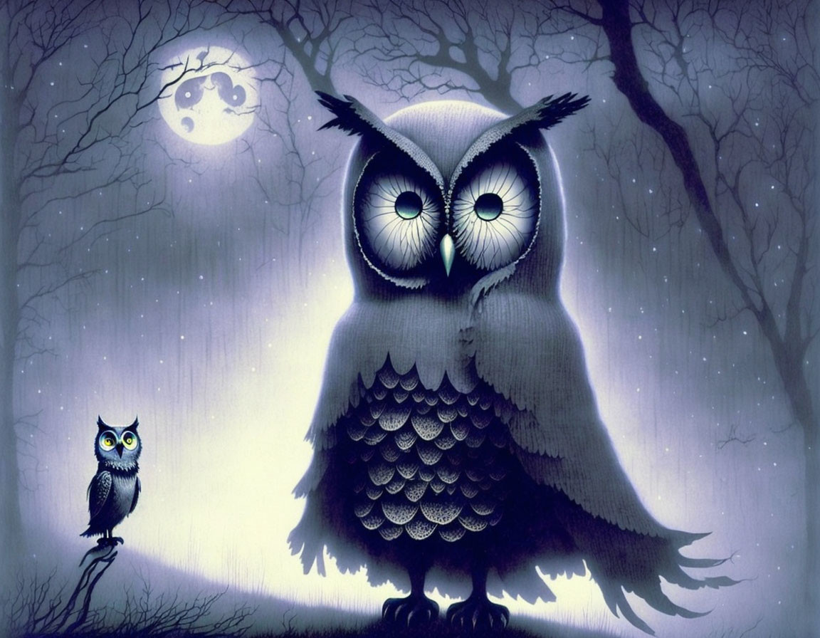 Two owls in a nocturnal scene with full moon