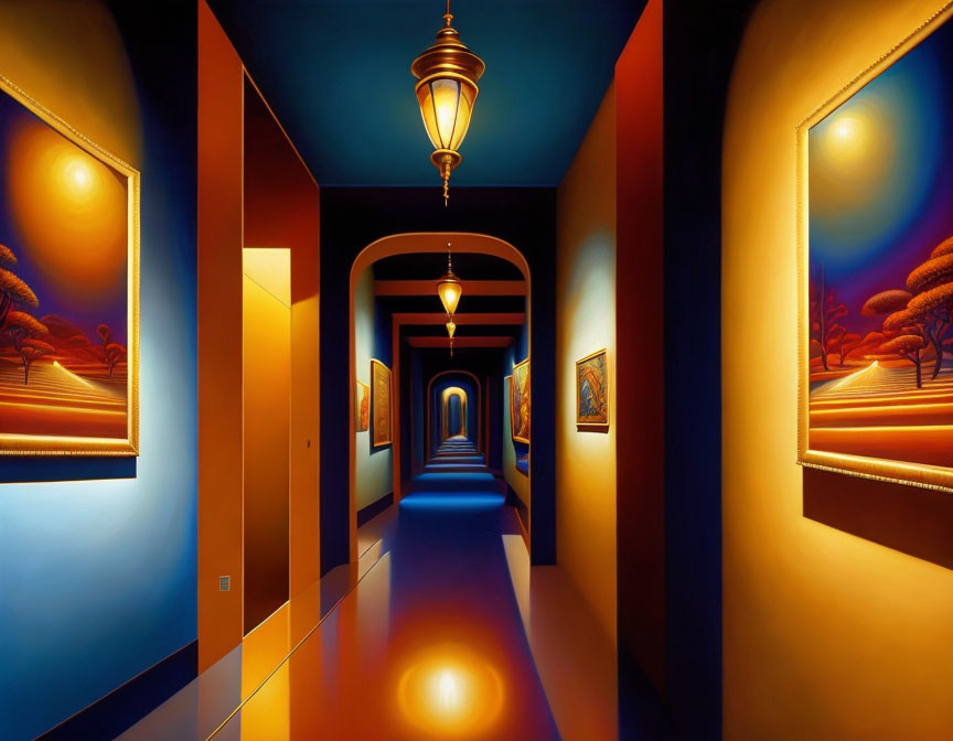 Surreal painting of long hallway with repeating lanterns and framed landscapes under twilight sky