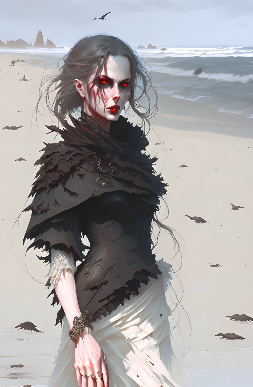 Pale-skinned female figure with red eyes and dark hair in black feathered cloak on beach in white