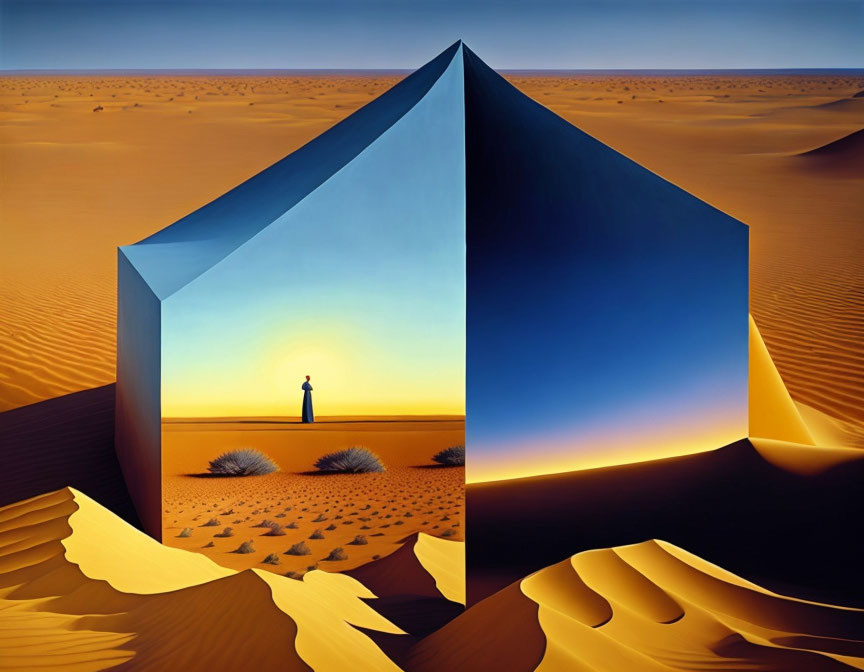 Surreal painting: desert scene with mirrored cube and solitary figure