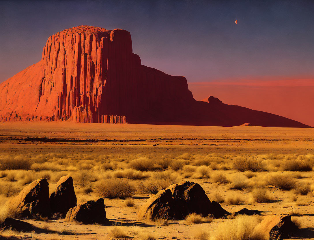 Desert landscape with monolithic rock at twilight