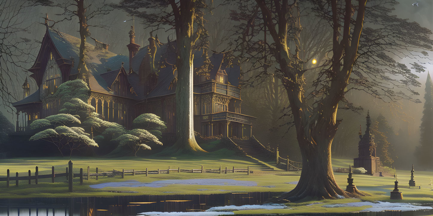 Gothic mansion at twilight with warm glowing lights by icy pond