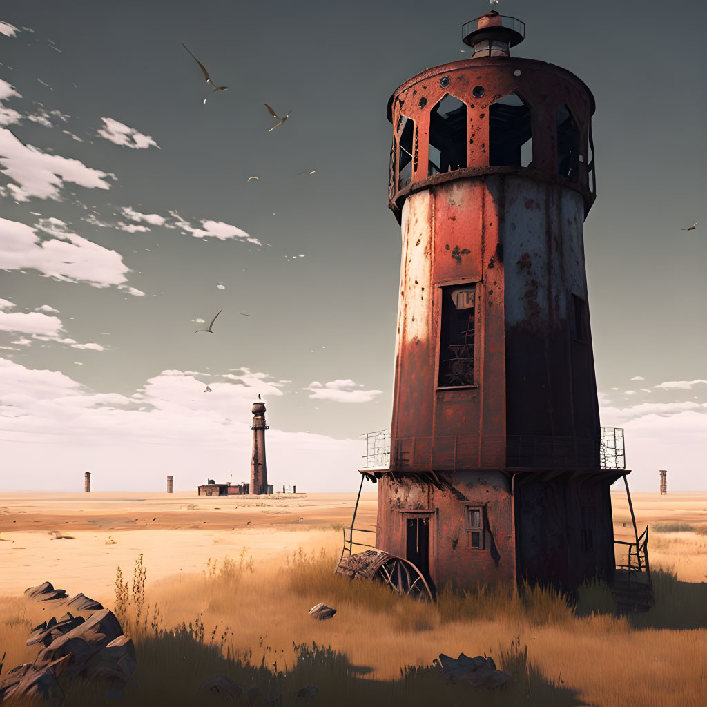 Rusty abandoned lighthouses in desert landscape with debris and hazy sky