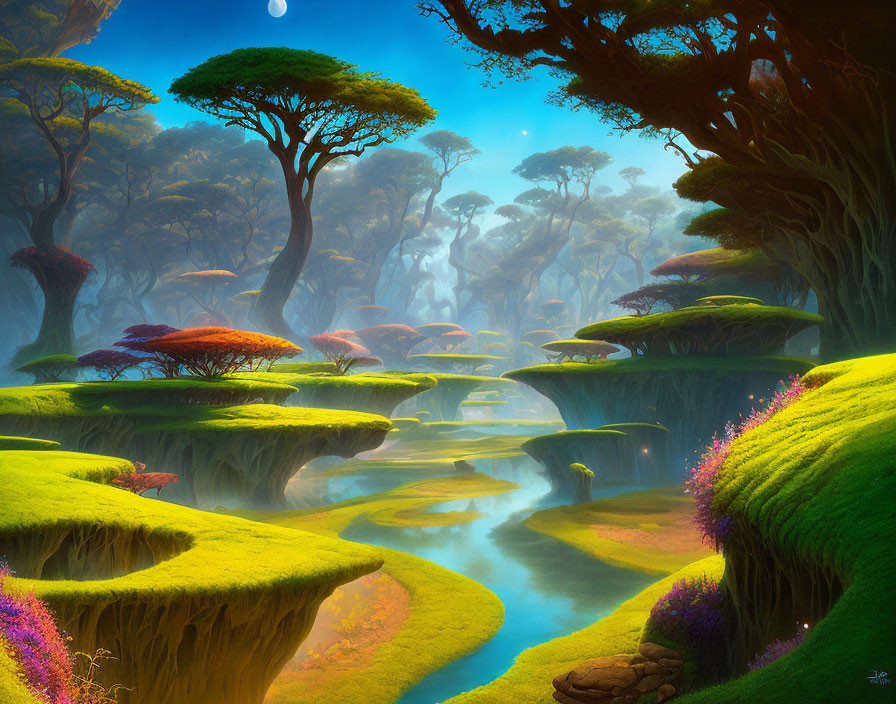 Vibrant fantasy landscape with floating islands and ethereal trees