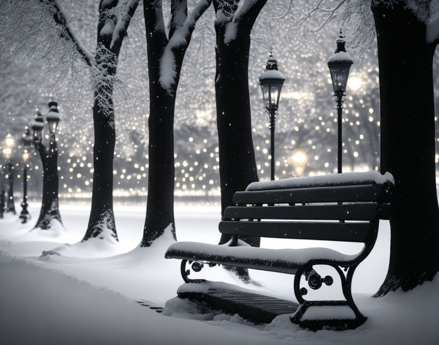 Snowy Park Scene: Empty Bench, Street Lamps, Snowflakes at Dusk