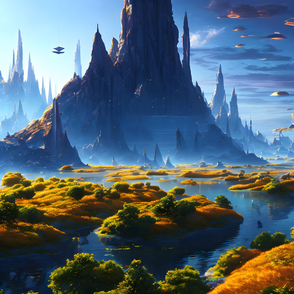 Alien landscape with towering spires and golden vegetation