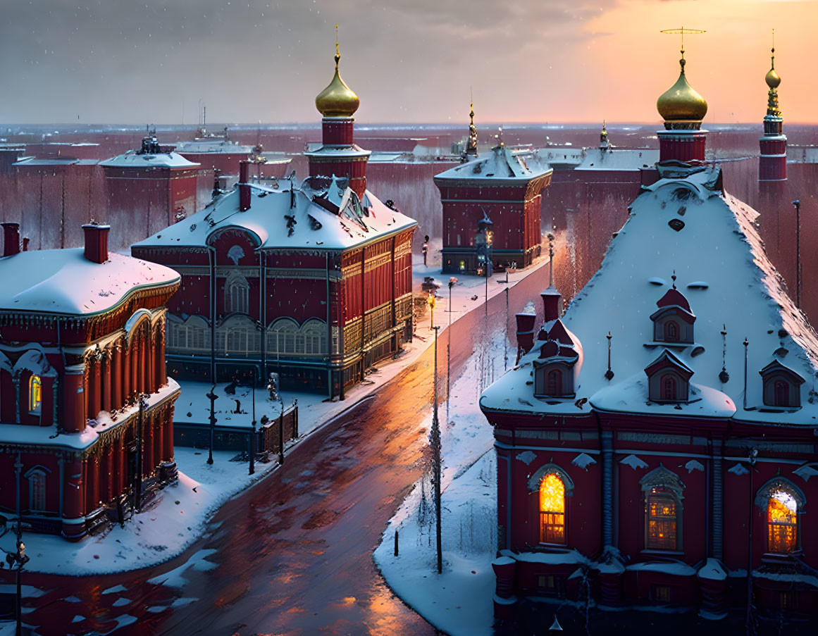 Twilight winter scene: Red buildings, golden domes, snow, cobblestone street