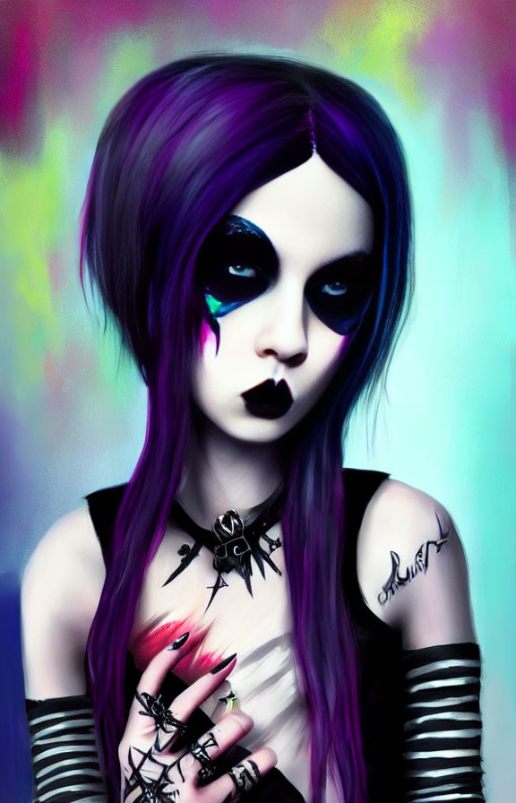 Gothic Style Portrait Featuring Person with Purple Hair, Black Lipstick, Dark Eye Makeup, and