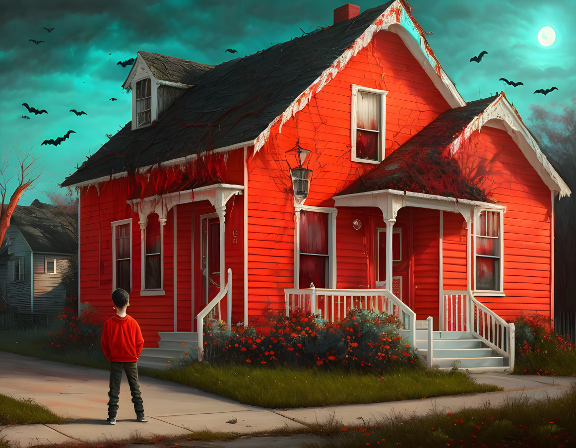 Child in red hoodie near vibrant red house at dusk with full moon