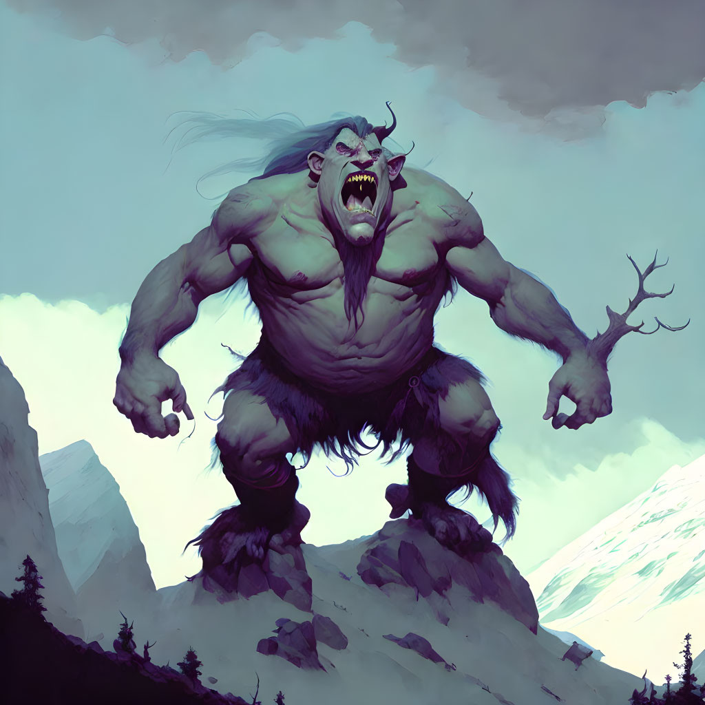 Muscular green giant with fangs in mountainous terrain