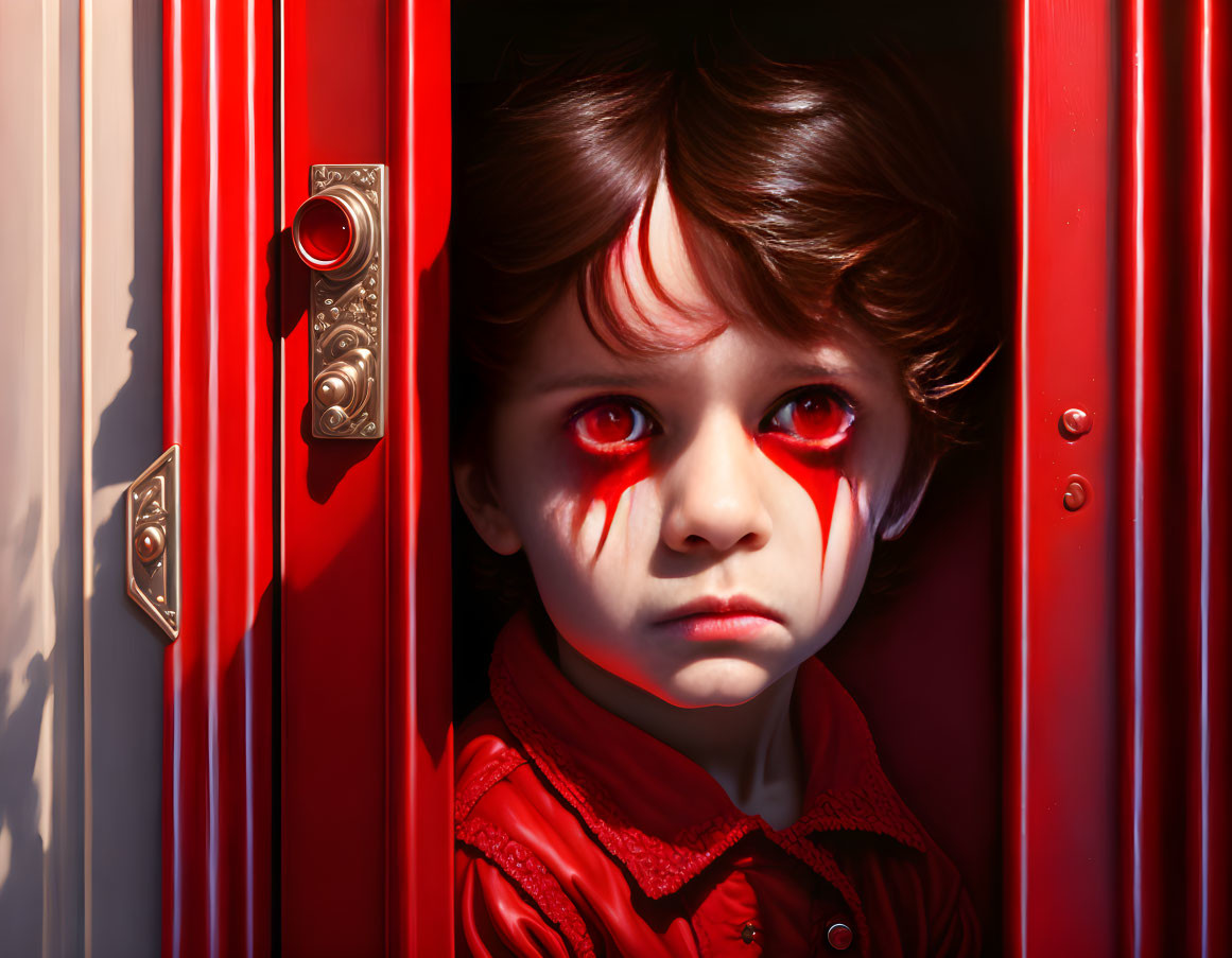 Intense gaze of child with red eyes behind locker door