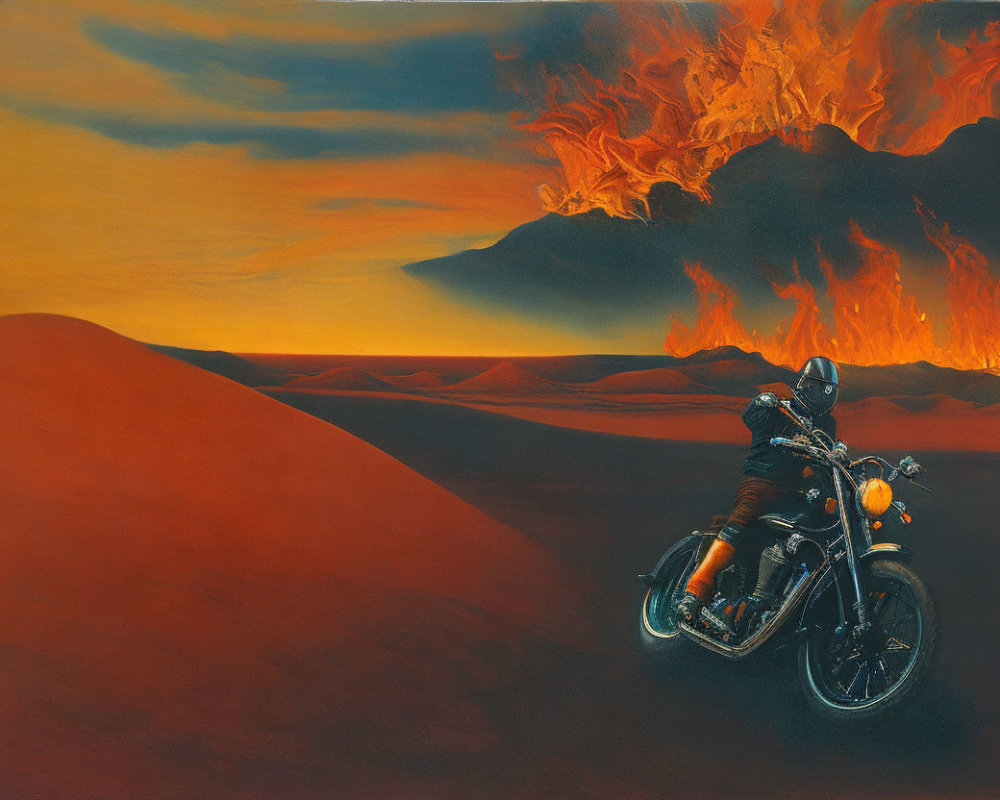 Classic Motorcycle Rider Speeding through Desert Dunes under Fiery Sky