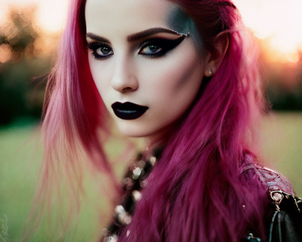 Portrait of a person with vibrant pink hair and bold makeup against sunset background