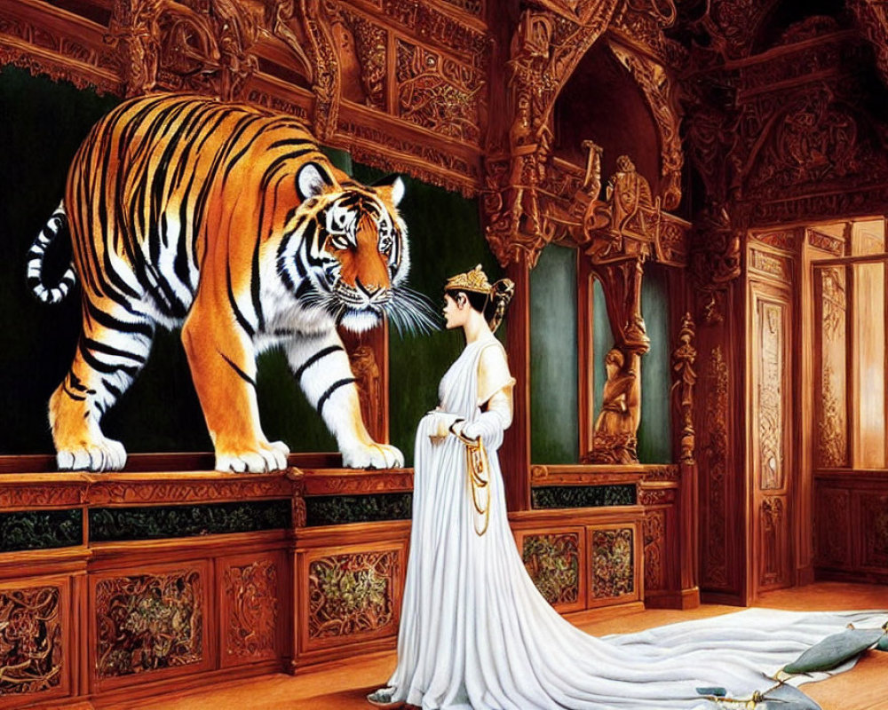 Woman in white dress confronts tiger in ornate room