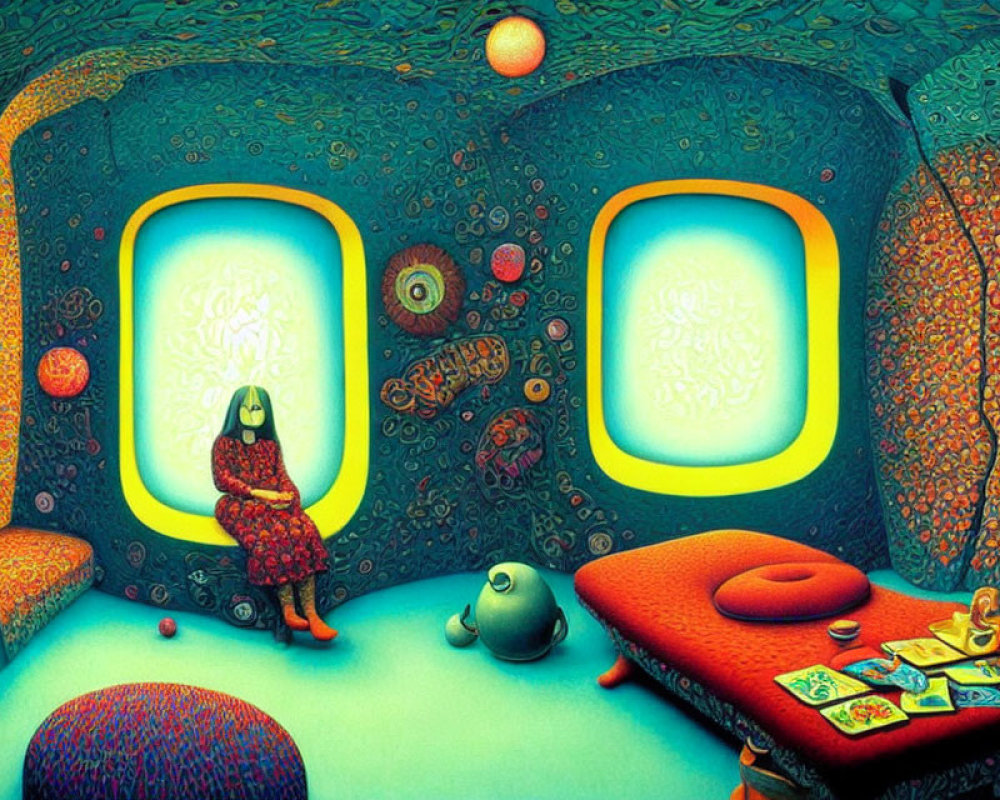 Vibrant surreal room with person in patterned dress and glowing screen