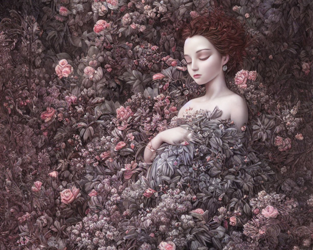 Red-haired woman reclining in lush botanical setting with pink roses, exuding tranquility