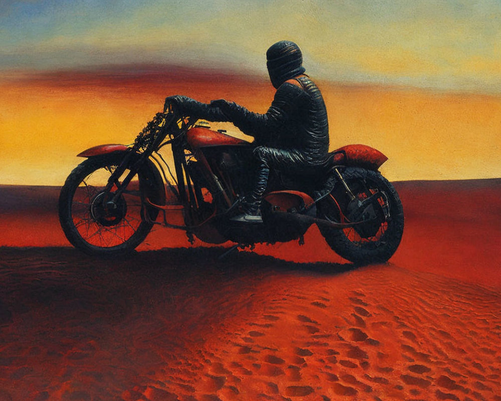 Motorcycle rider in full gear against red-orange desert landscape