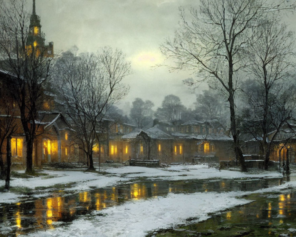 Snowy Dusk Landscape with Lit Windows and Clock Tower