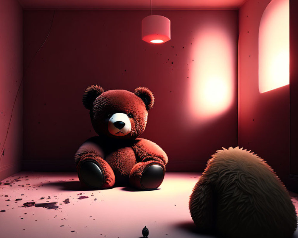 Large Teddy Bear in Red-Lit Room with Round Cushion and Chess Pawn