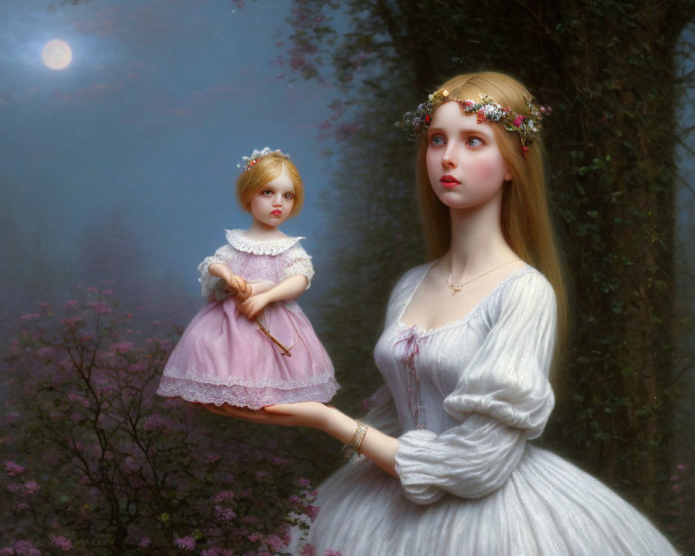 Woman in white dress with floral crown holding doll in misty woodland with purple flowers