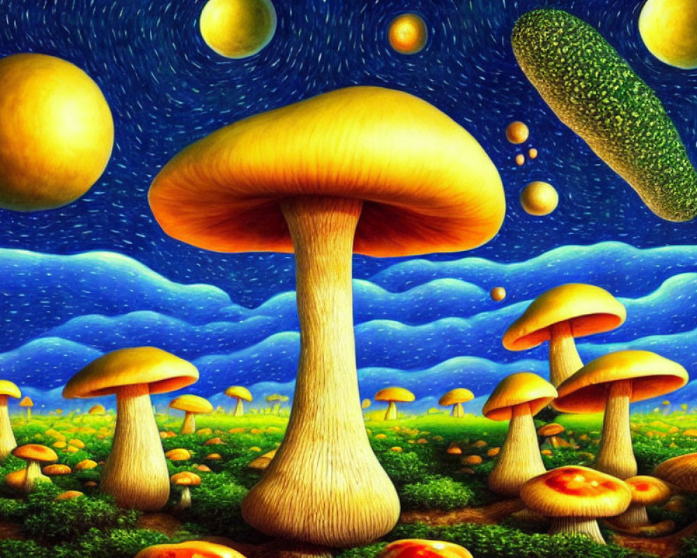 Surreal artwork: oversized mushrooms, starry sky, celestial bodies, giant pickle