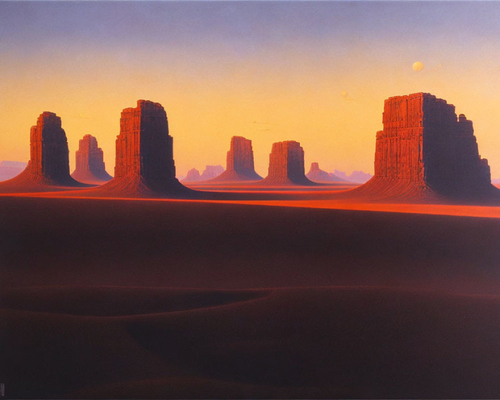 Desert Sunset with Large Buttes and Moon in Reddish Sky