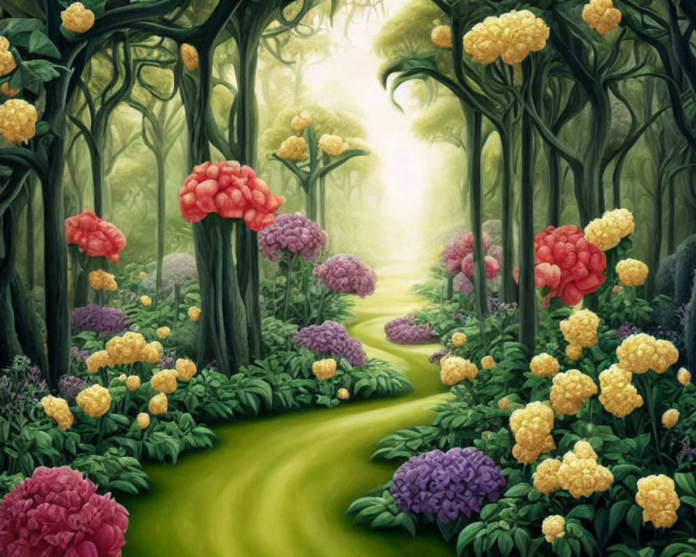 Colorful mystical garden with twisting trees and oversized flowers in a luminous clearing