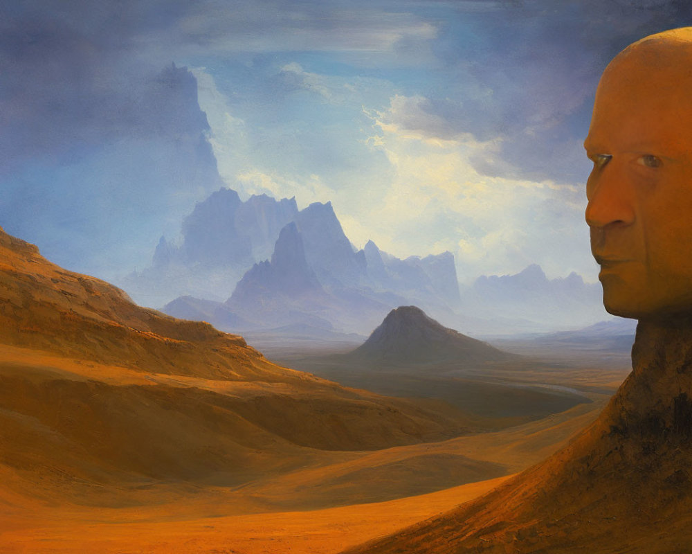 Surreal landscape featuring oversized human head in rocky terrain