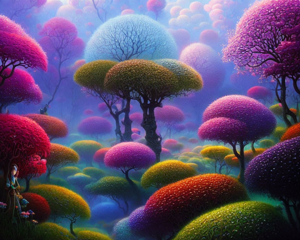 Colorful Dome-Shaped Trees in Whimsical Landscape with Solitary Figure