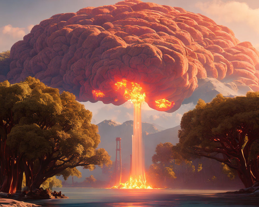 Gigantic brain cloud over calm lake with fiery explosion in twilight scene