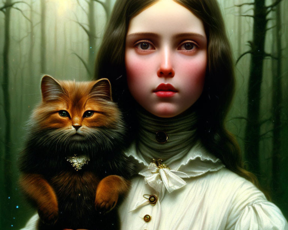 Young Girl with Large Eyes Holding Fluffy Cat in Misty Forest