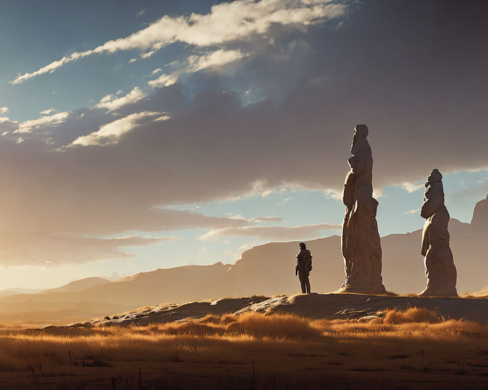 Person near tall rock formations under warm sunset sky.