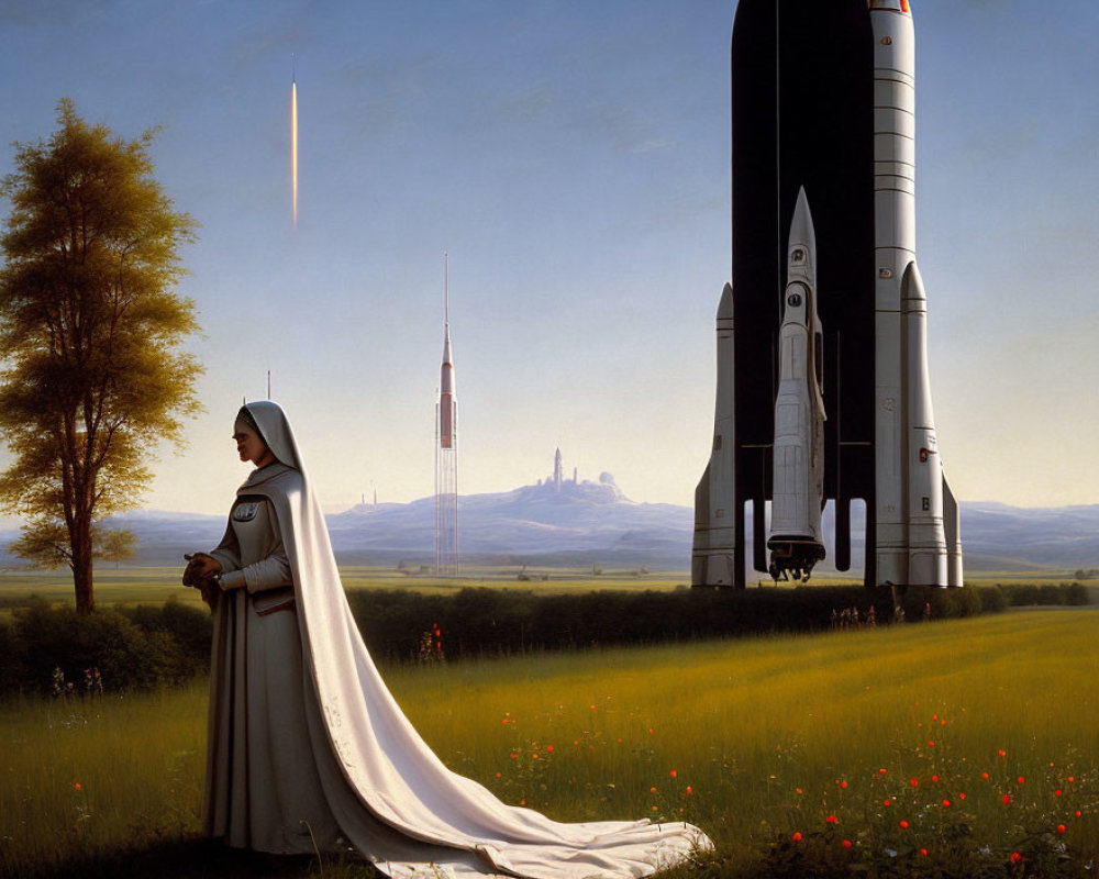 Nun in field gazes at shuttle and rockets in pastoral setting