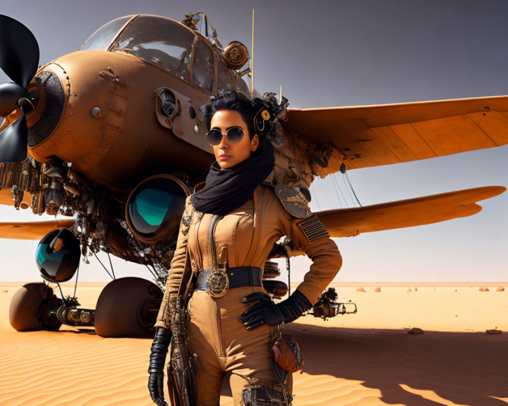 Confident woman in pilot's suit with retro-futuristic airplane in desert