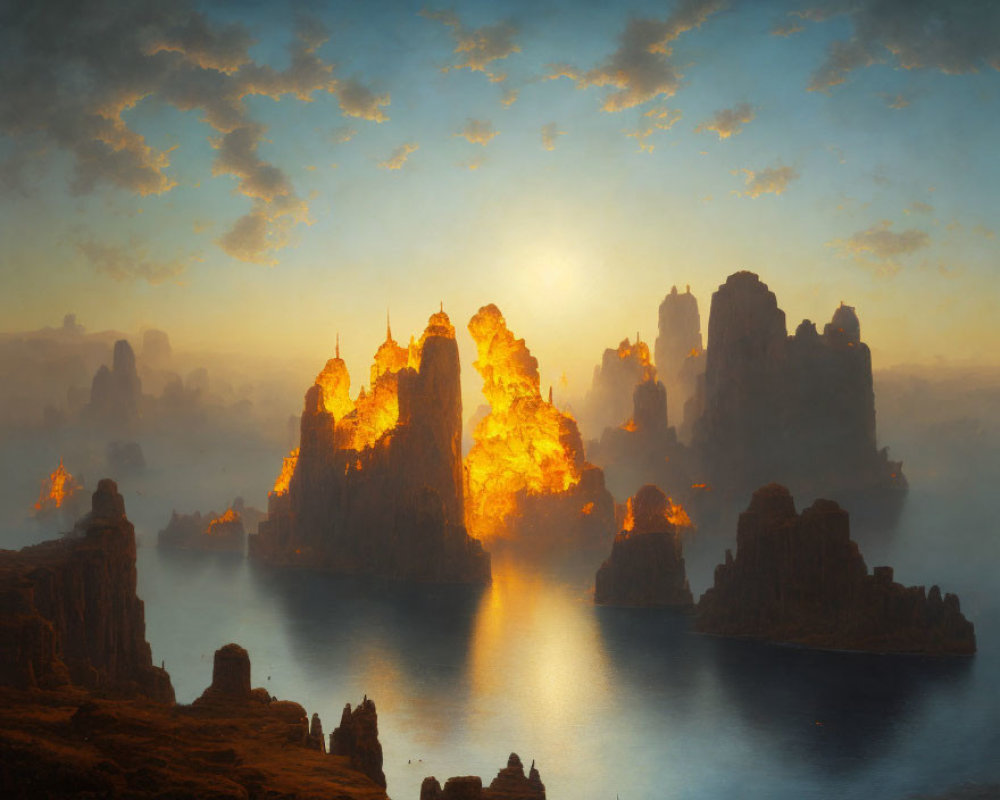 Majestic sunrise over misty sea and rock formations