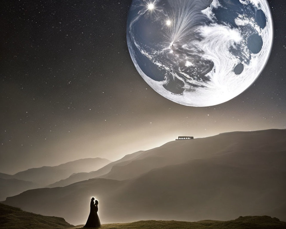 Couple on grassy hill under starry sky with large moon and lone house on distant ridge