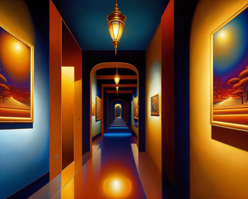 Surreal painting of long hallway with repeating lanterns and framed landscapes under twilight sky