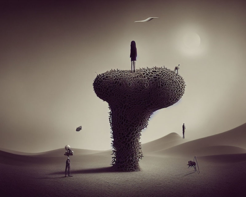 Surreal desert landscape with tree-like structure and moonlit sky