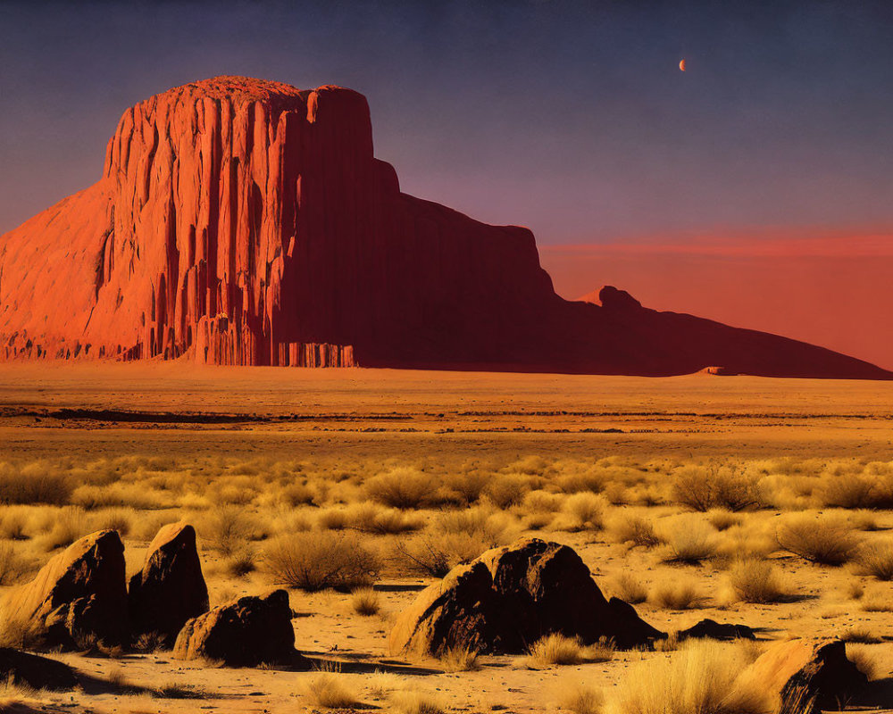 Desert landscape with monolithic rock at twilight