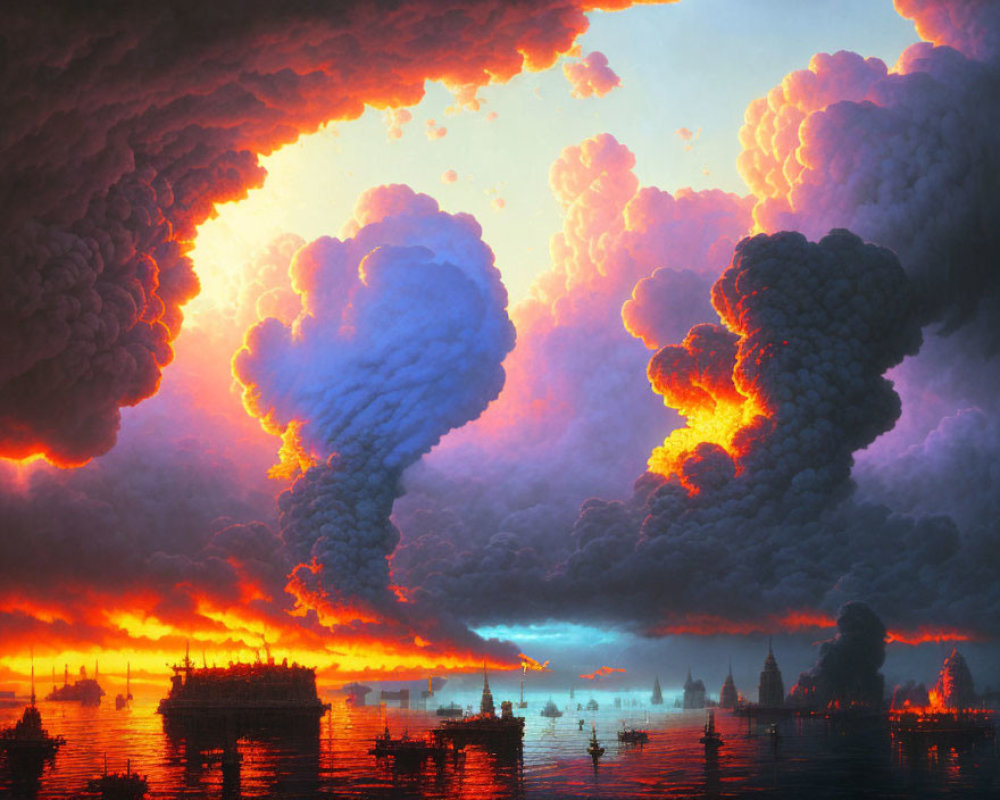 Multiple erupting volcanoes in fiery apocalyptic scene with ships on chaotic seascape