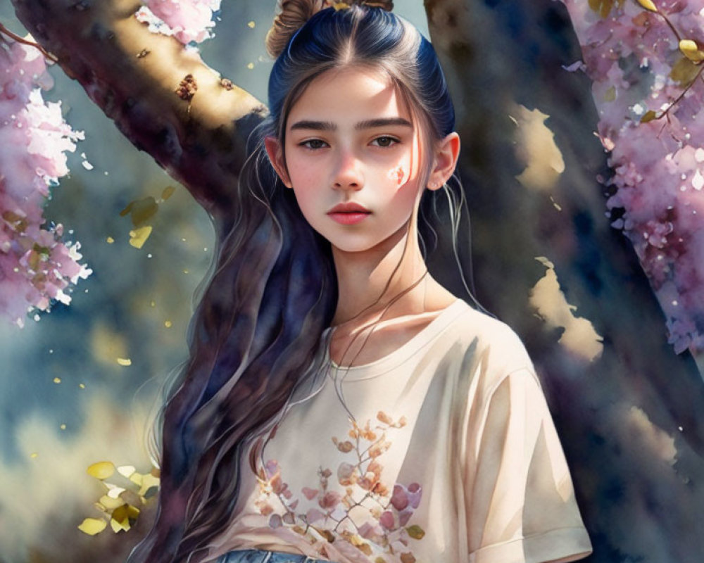 Digital Artwork: Young Woman with Long Hair in Blossoming Trees