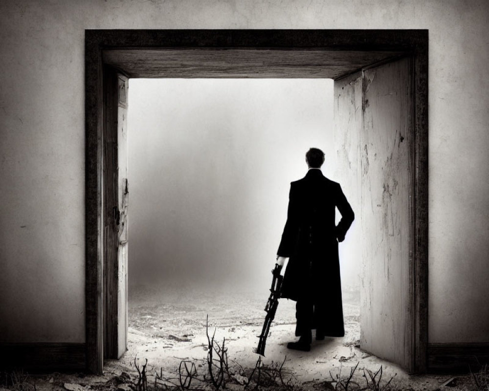 Silhouette of Person with Rifle in Weathered Doorway & Misty Space