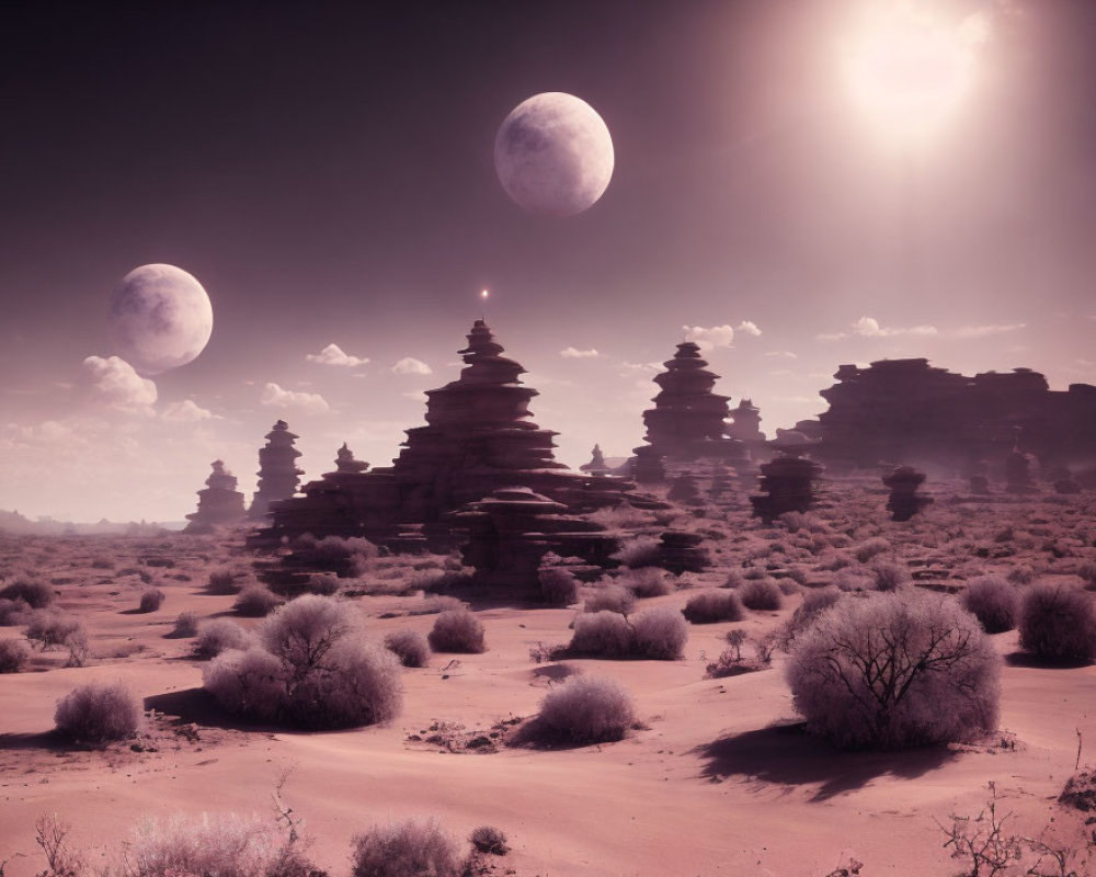 Surreal desert landscape with rock formations under purple sky, two moons, and bright sun.