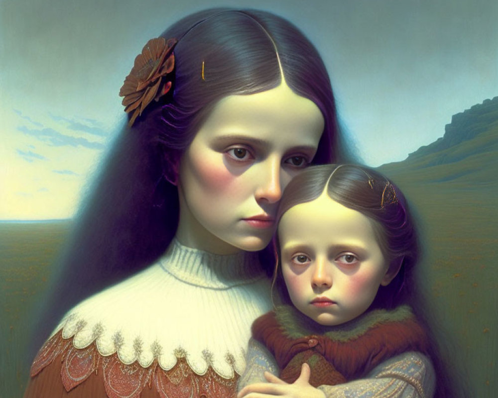 Surreal painting featuring girl with duplicate head on cheek