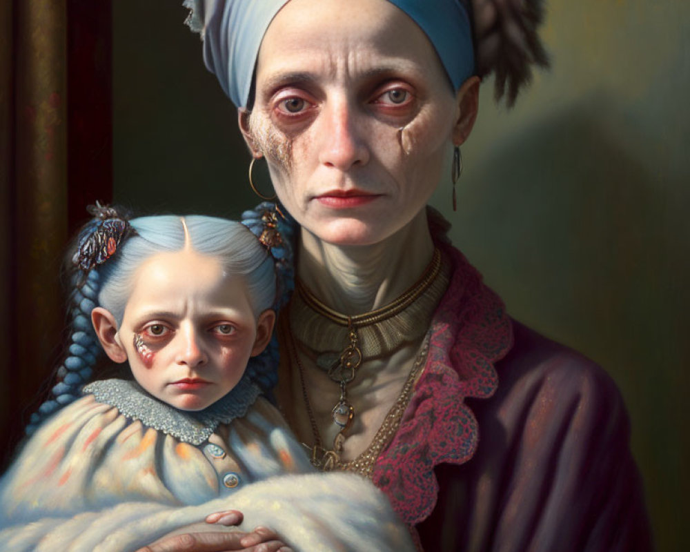 Surreal portrait of adult and child with gaunt expressions in vintage attire